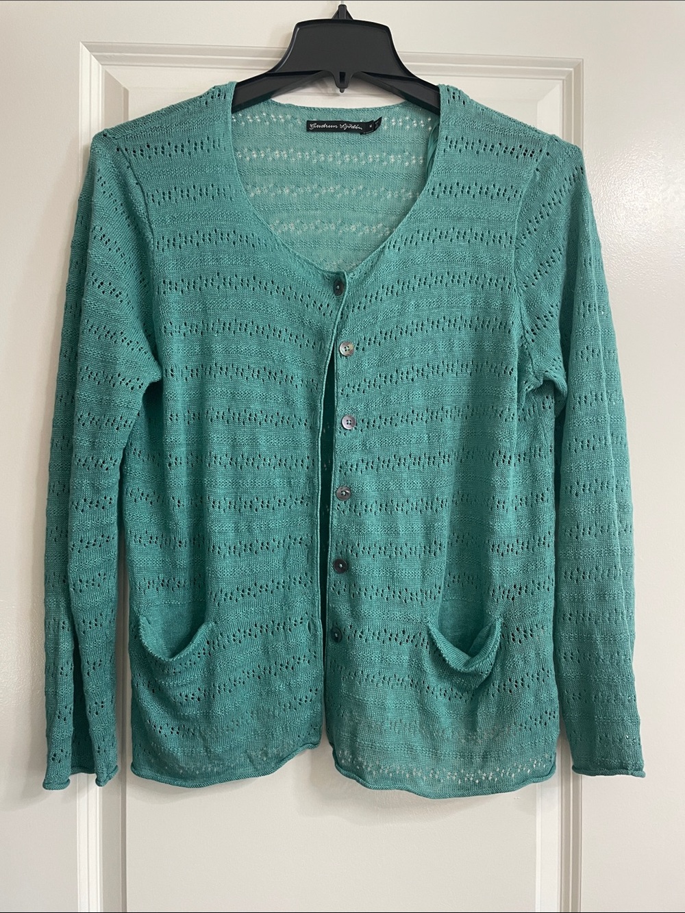Gudrun Sjoden Orange 100% Linen Pointelle Knit Cardigan Sweater Womens Size M